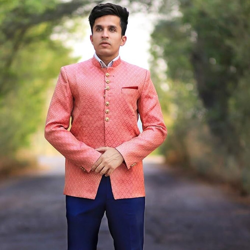 WINTAGE Men's Banarsi Rayon Cotton Indian Jodhpuri Grandad Bandhgala Blazer Pink